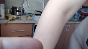 Amateur hairy brunette, big tits, sensual hairy woman in the kitchen.